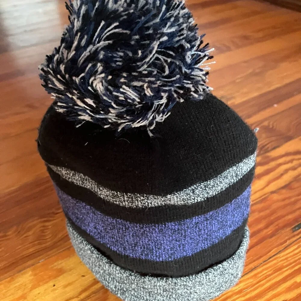 Capelli New York Youth Beanie Hat Blue Black Gray Pom Pom